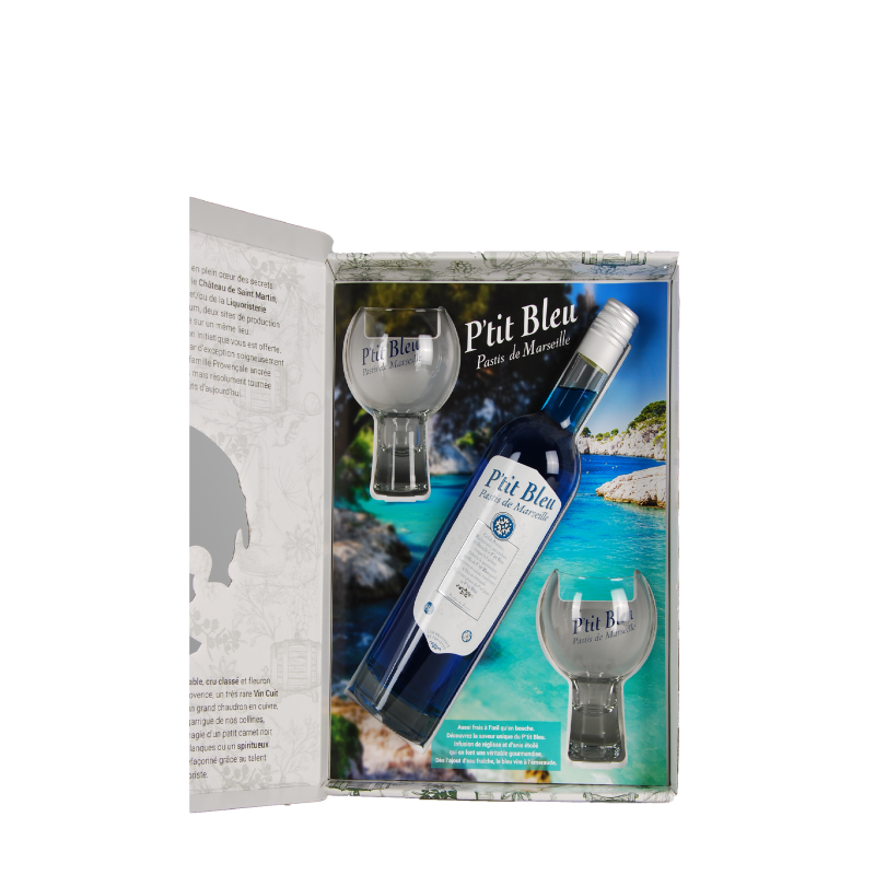 Coffret "P'tit Bleu" Pastis de Marseille 1 bouteille + 2 verres