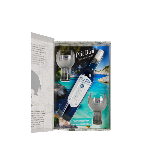 Coffret "P'tit Bleu" Pastis de Marseille 1 bouteille + 2 verres