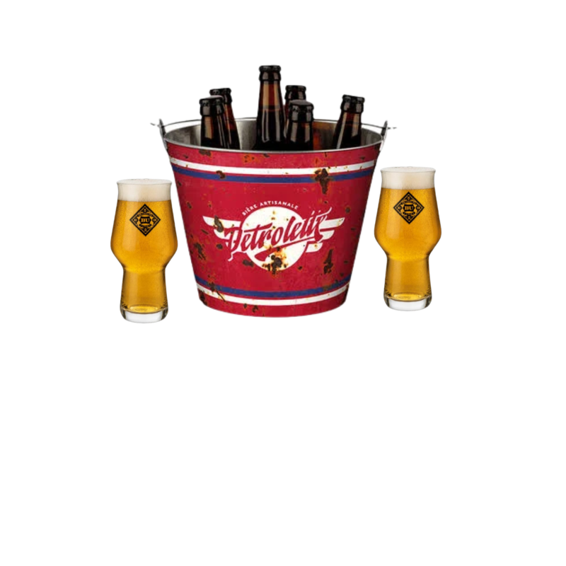Seau Métal "Pétrolette" avec 6 Bières et 2 verres offerts