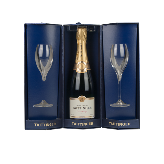 Taittinger champagne Coffret triangle 2 flûtes + 1 bouteille Blanc  prestige