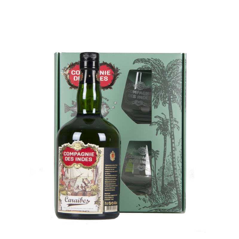 Coffret Rhum Compagnie des Indes "Caraïbes + 2 verres"